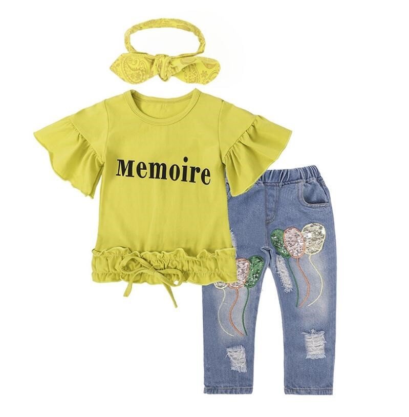 Cotton yellow letter T-shirt and jeans set - Image 5